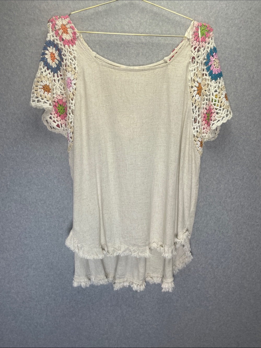 Umgee Donna Linen Blend Crochet Grandma Square Hippie Cottagecore Frayed Hem Top - Picture 2 of 9